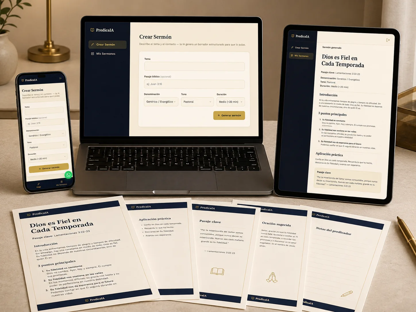 PredicaIA en acción — laptop, tablet, celular y sermón impreso mostrando la app real